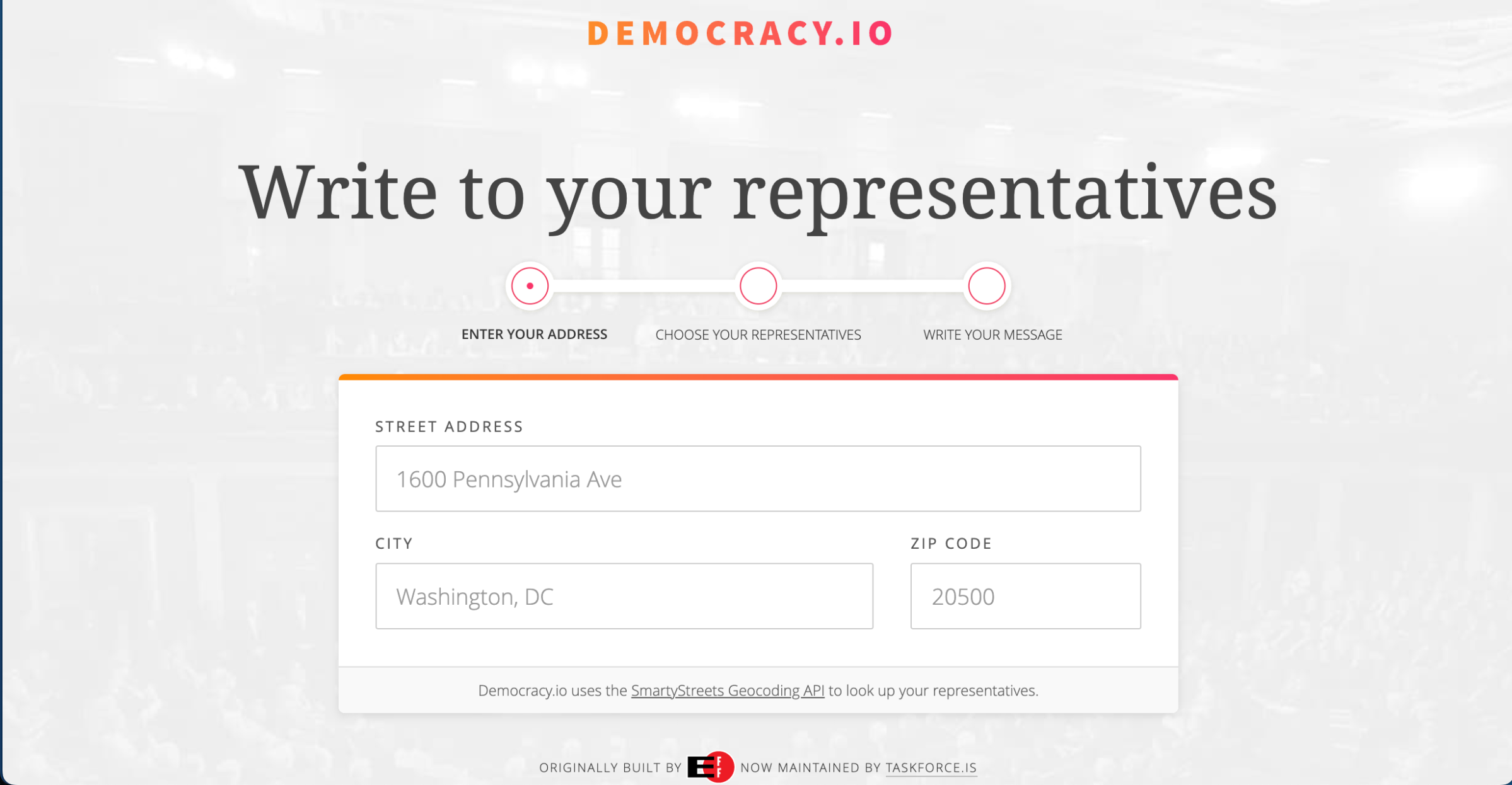 Democracy.io page that says “Write to your representatives” in large letter and provides a space for your address.